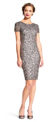 Adrianna Papell - 41900220SC Embellished Shiny Short Sleeve Dress
