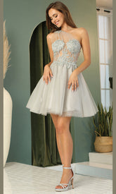Adora Design 1040 - Embroidered Illusion Bodice A-Line Mini Dress