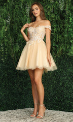Adora Design 1041 - Lace-Up Back Embroidered Corset Mini Dress