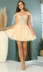 Adora Design 1042 - Floral Applique Corset Plunging V-Neck Dress