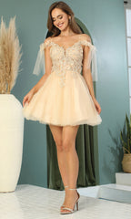 Adora Design 1042 - Floral Applique Corset Plunging V-Neck Dress