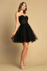Adora Design 1047 - Applique Lace-Up Back Short Dress