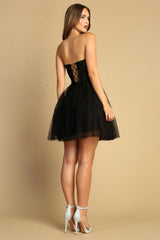 Adora Design 1047 - Applique Lace-Up Back Short Dress