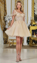 Adora Design 1078 - Floral Lace Applique Sweetheart Mini Dress