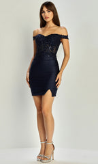 Adora Design 1083 - Off Shoulder Applique Mini Dress with Slit