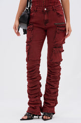 IT GETS EASIER STACKED CARGO PANT IN BURGUNDY