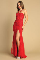 Adora Design 3146 - Sweetheart Applique Slit Dress