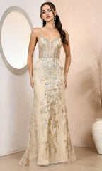 Adora Design 3158 - V-Neck Floral Pattern Sheath Long Dress