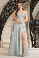 Adora Design 3211 - Strapless Embroidered Corset Dress with Slit