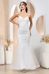 Adora Design 3212-01 - V-Neckline Floral Accent Long Dress