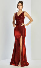 Adora Design 3230 - Wide Strap Applique High Slit Dress