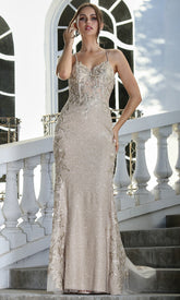 Adora Design 3241 - Applique V-Neckline Fitted Evening Gown