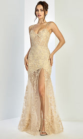 Adora Design 3242 - Embroidered Illusion Flared Long Gown