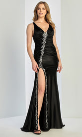 Adora Design 3248 - V-Neck Slit Prom Gown with Ruched Detail