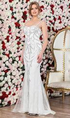 Adora Design 3304-01 - Beaded Lace Spaghetti Strap Long Dress