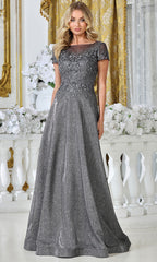 Adora Design 3316-03 - Short Sleeve Applique A-Line Gown