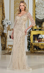 Adora Design 3328-03 - V-Neck Three-Quarter Sleeve Embellished Gown