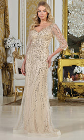 Adora Design 3328-03 - V-Neck Three-Quarter Sleeve Embellished Gown