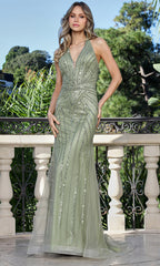 Adora Design 3350 - Plunging Halter Linear Beaded Long Gown