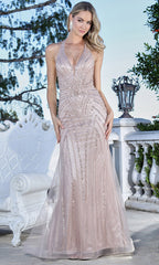 Adora Design 3350 - Plunging Halter Linear Beaded Long Gown