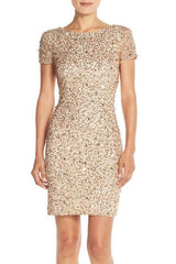 Adrianna Papell - 41900220SC Embellished Shiny Short Sleeve Dress