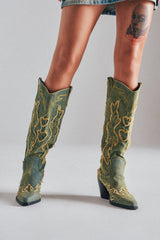 AZALEA WANG HEINRICH DENIM WESTERN LOW HEEL BOOT