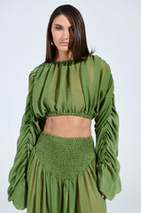 LAURA RUCHED CROPPED BLOUSE IN GREEN