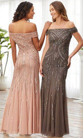 Adrianna Papell Platinum 40370 - Straight Off-Shoulder Evening Dress