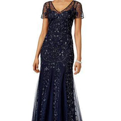 Adrianna Papell - Short Sleeve V Neck Beaded Evening Gown 91918840SC