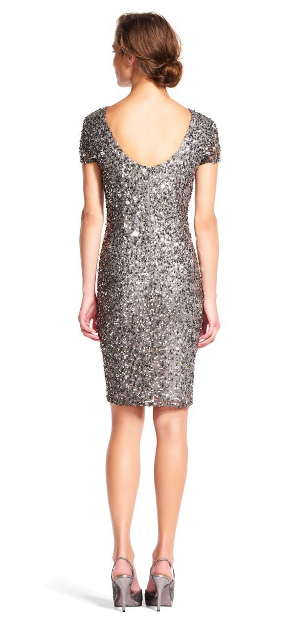 Adrianna Papell - 41900220SC Embellished Shiny Short Sleeve Dress