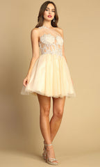 Adora Design 1040 - Embroidered Illusion Bodice A-Line Mini Dress