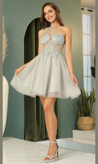 Adora Design 1040 - Embroidered Illusion Bodice A-Line Mini Dress