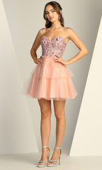 Adora Design 1059 - Floral Applique Tiered Mini Dress