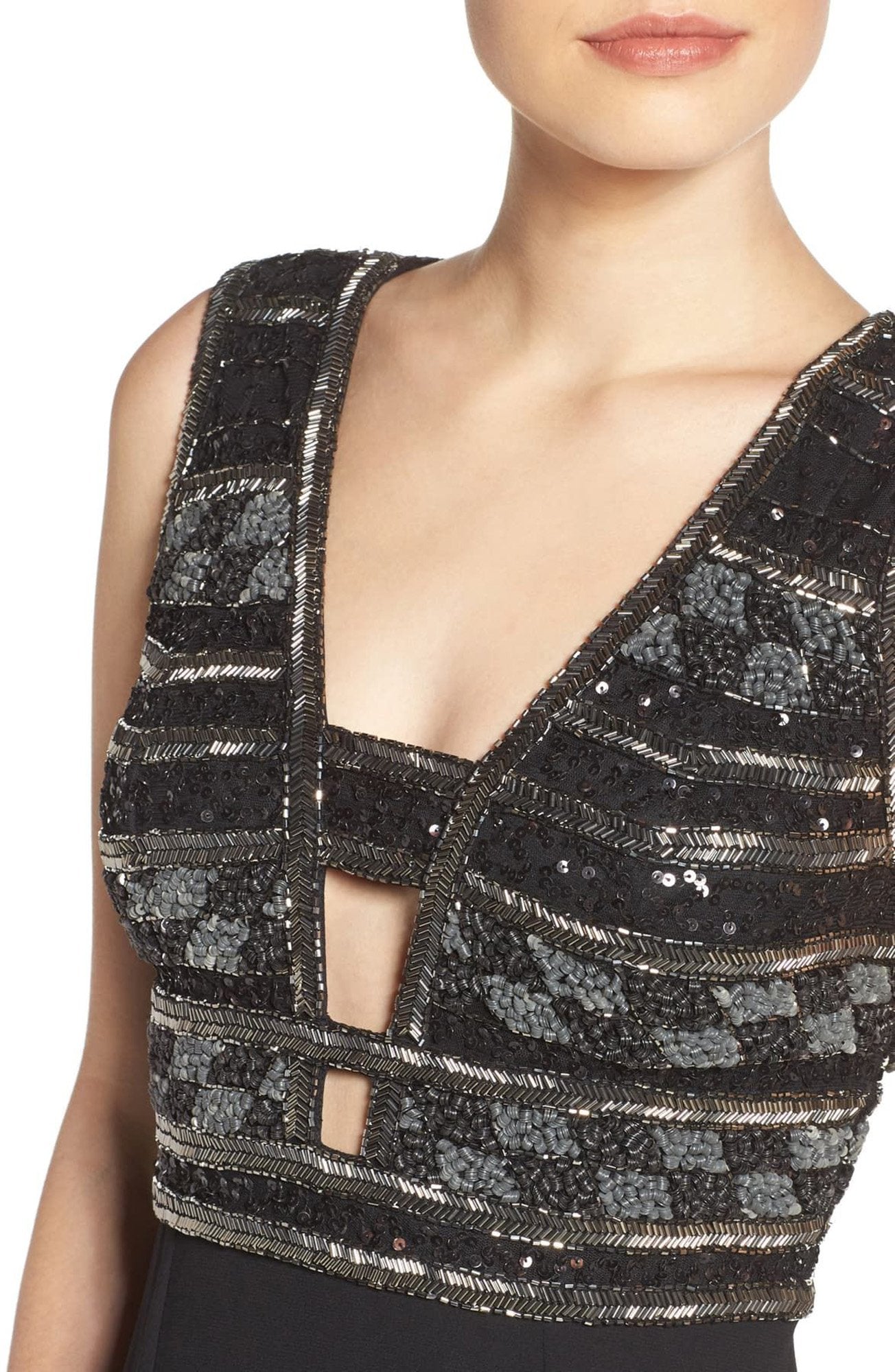 Adrianna Papell - AP1E201342SC Sequined Cutout Bodice High Slit Dress