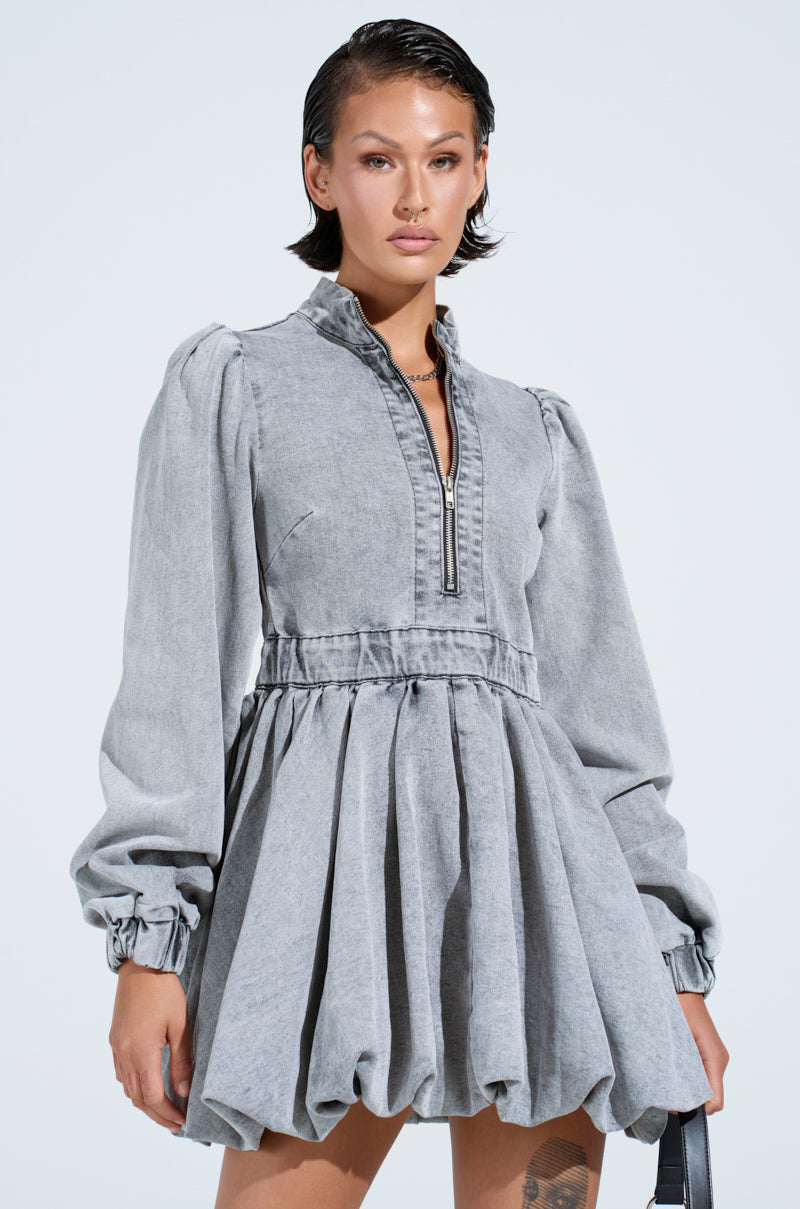 PASS THE BUBBLY DENIM MINI DRESS IN LIGHT GREY