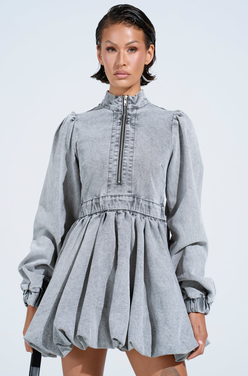 PASS THE BUBBLY DENIM MINI DRESS IN LIGHT GREY
