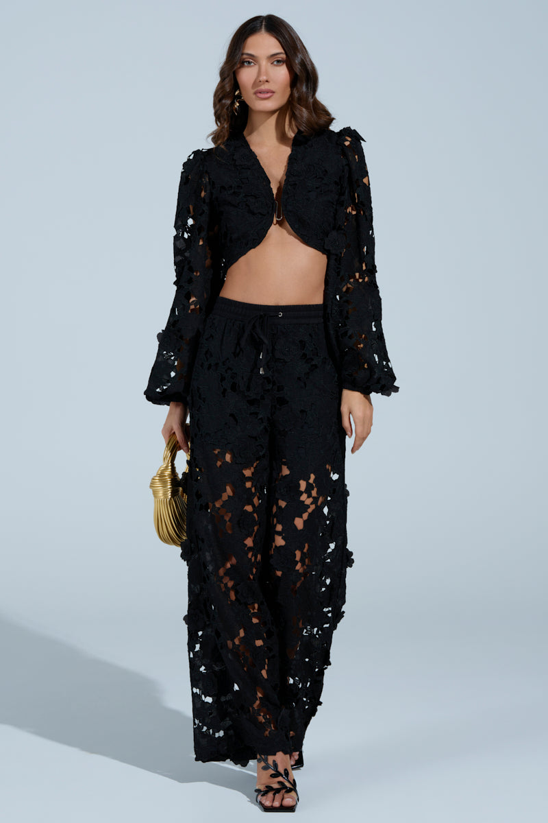 LATE NIGHT DREAMS FLORAL CUTOUT WIDE LEG PANT