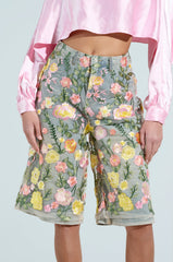 GARDEN PARTY STRETCH DENIM WITH FLORAL TULLE BERMUDA SHORTS