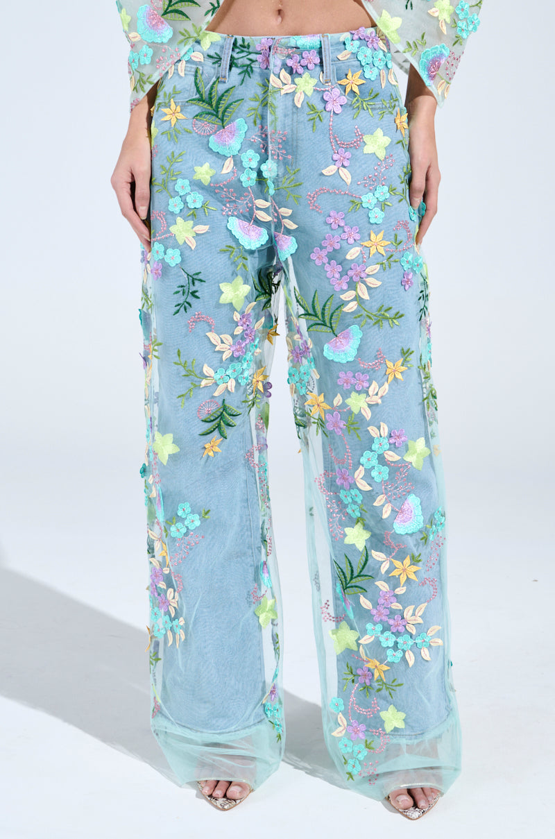 GARDENIA DENIM WITH FLORAL TULLE WIDE LEG JEANS