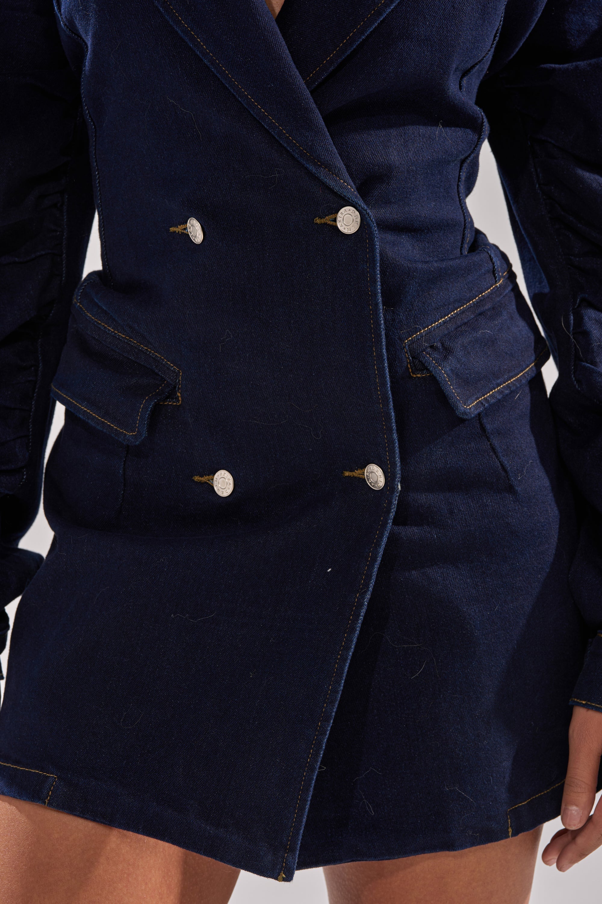 BUSINESS MEETING CHIC BLAZER DRESS AND LEG WARMER SET IN DENIM