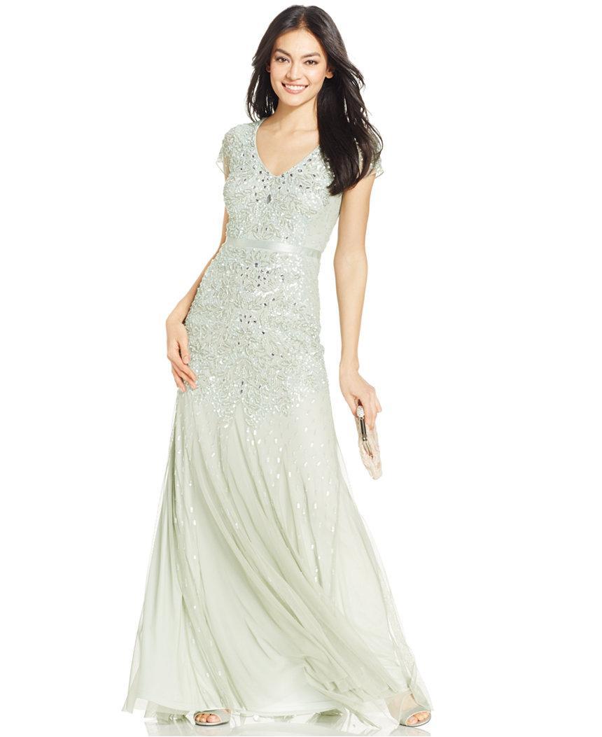 Adrianna Papell - 91891700SC V Neck Embellished Mesh Dress