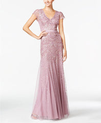 Adrianna Papell - 91891700SC V Neck Embellished Mesh Dress