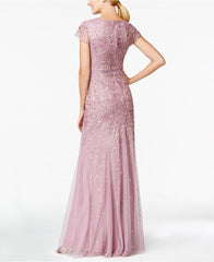 Adrianna Papell - 91891700SC V Neck Embellished Mesh Dress