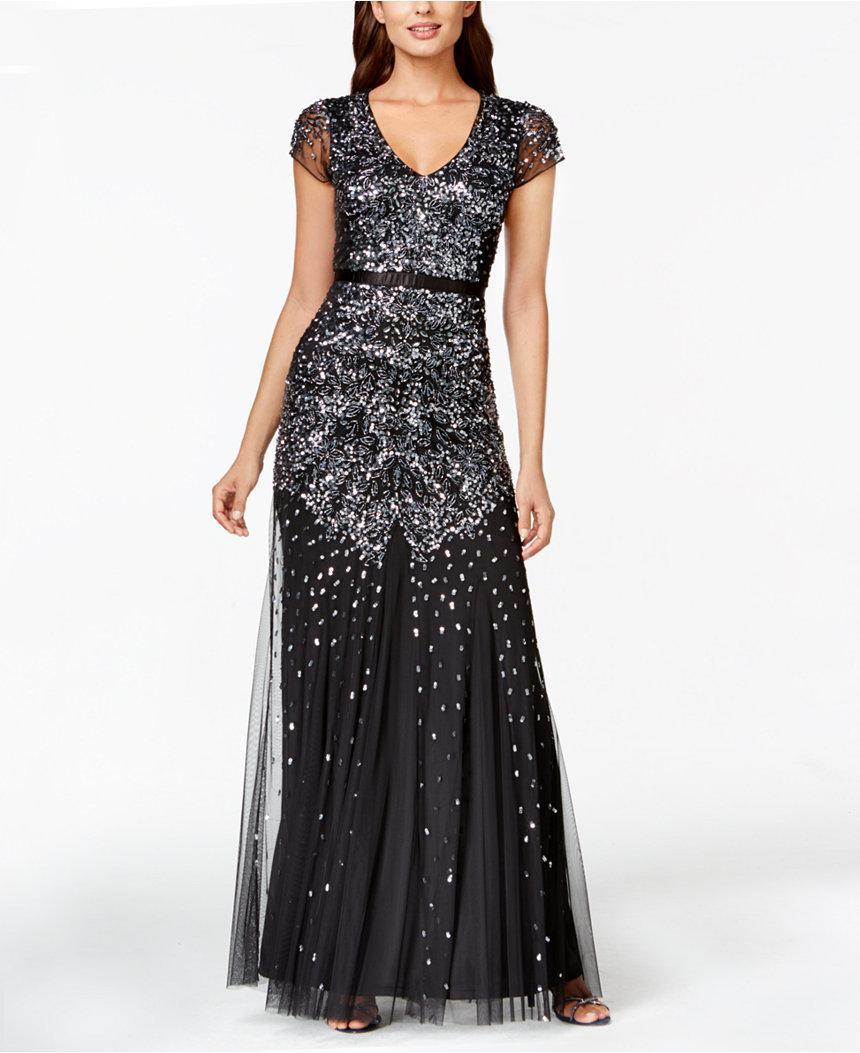 Adrianna Papell - 91891700SC V Neck Embellished Mesh Dress