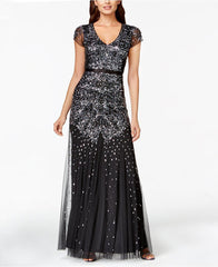 Adrianna Papell - 91891700SC V Neck Embellished Mesh Dress
