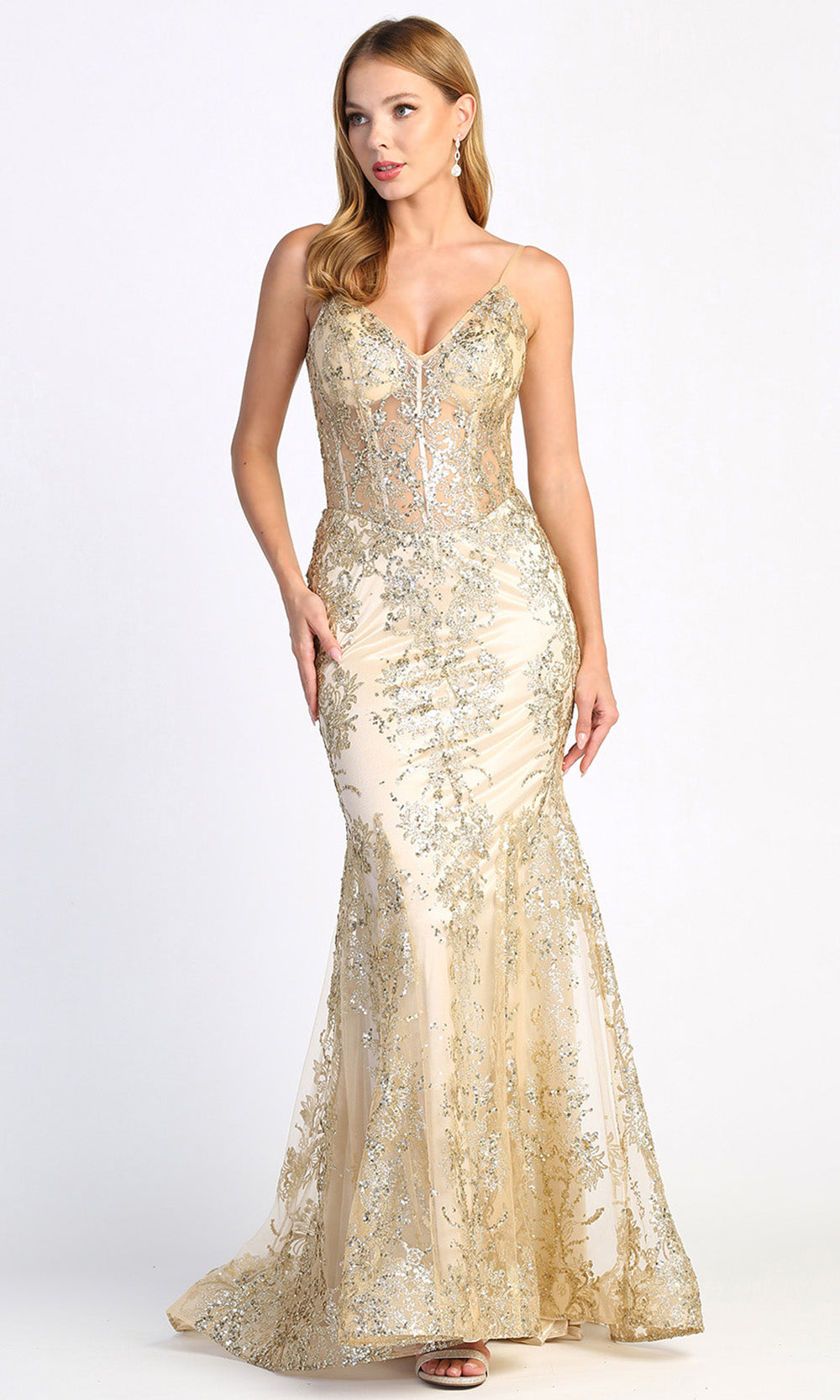 Adora Design 3053N - V-Neckline Shimmer Evening Dress