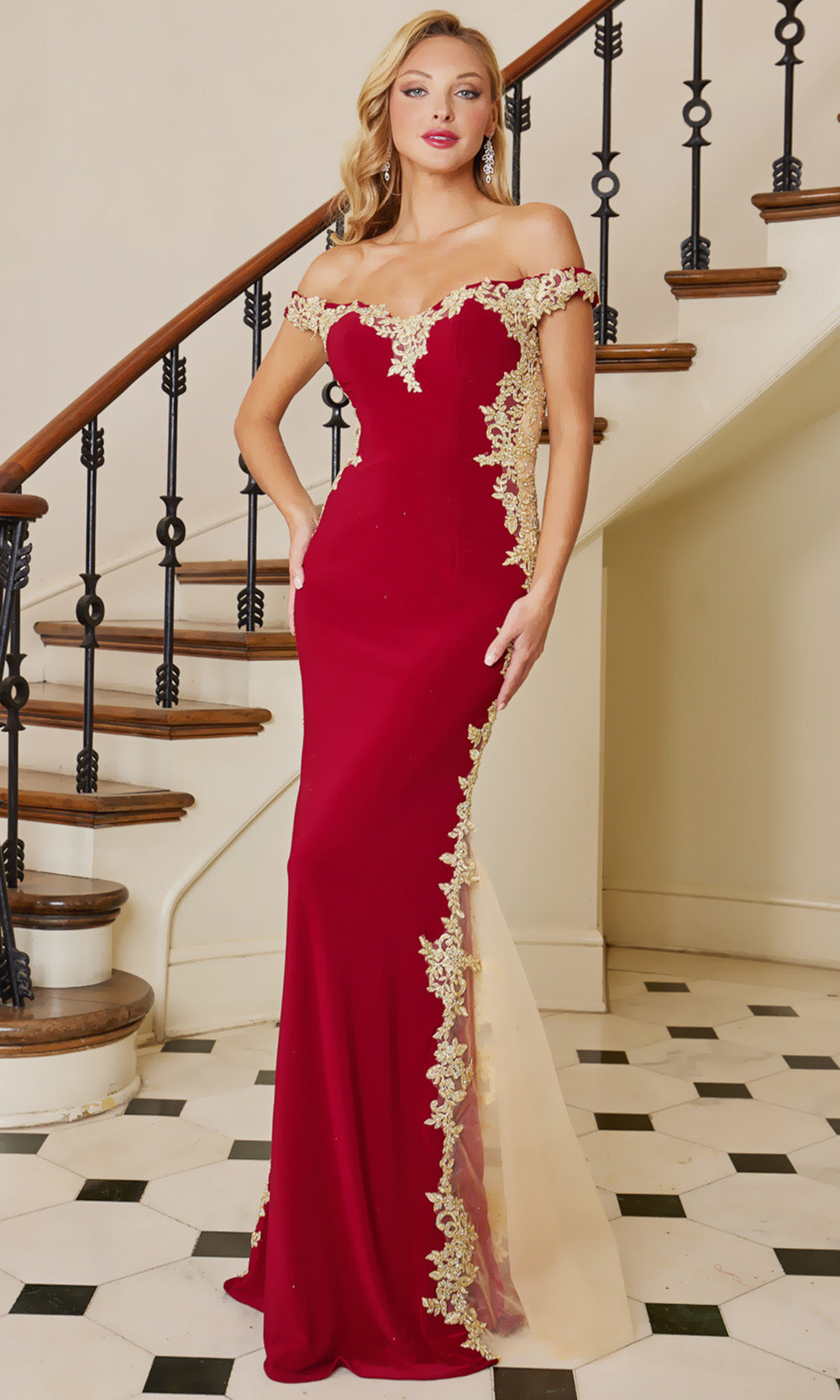 Adora Design 3117 - Off Shoulder Embroidered Dress with Illusion Sides