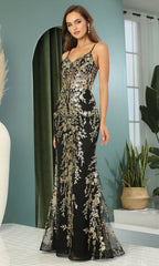 Adora Design 3158 - V-Neck Floral Pattern Sheath Long Dress