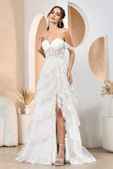 Adora Design 3174-01 - Off Shoulder Tiered Wedding Dress with Slit