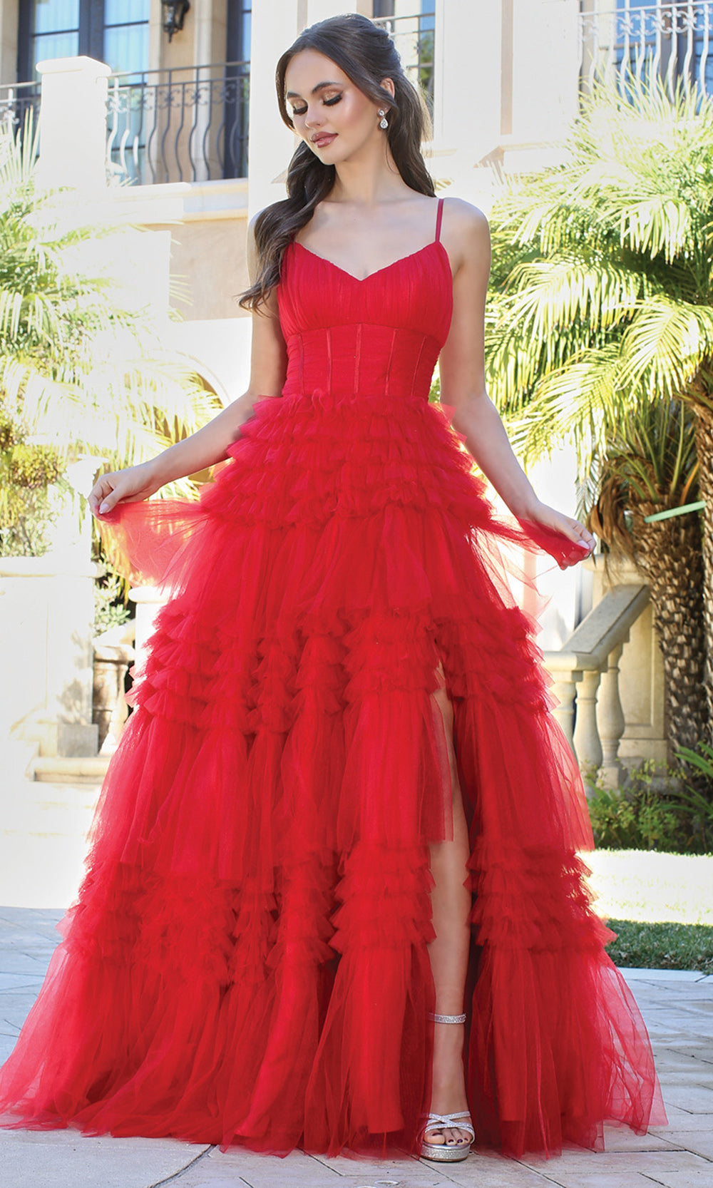 Adora Design 3202 - V-Neckline Tiered Ruffle Prom Gown